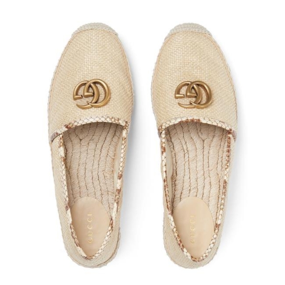 Gucci Women Chevron Raffia Espadrille with Double G, natural/brown. - Picture 9 of 14